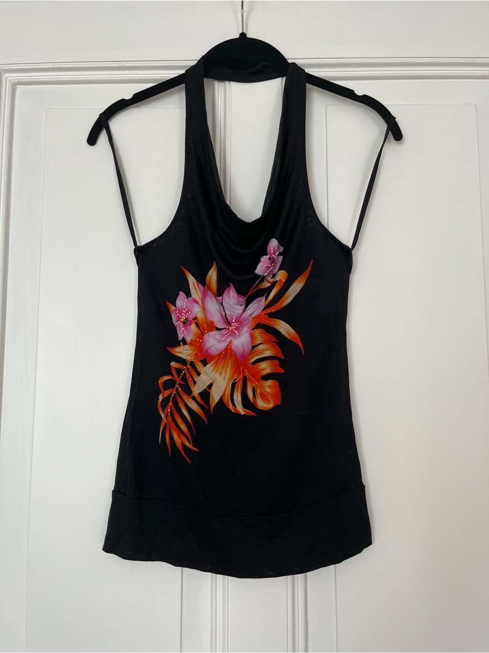 Banana Republic Floral Rhinestone Beading Tropical Black Halter Top